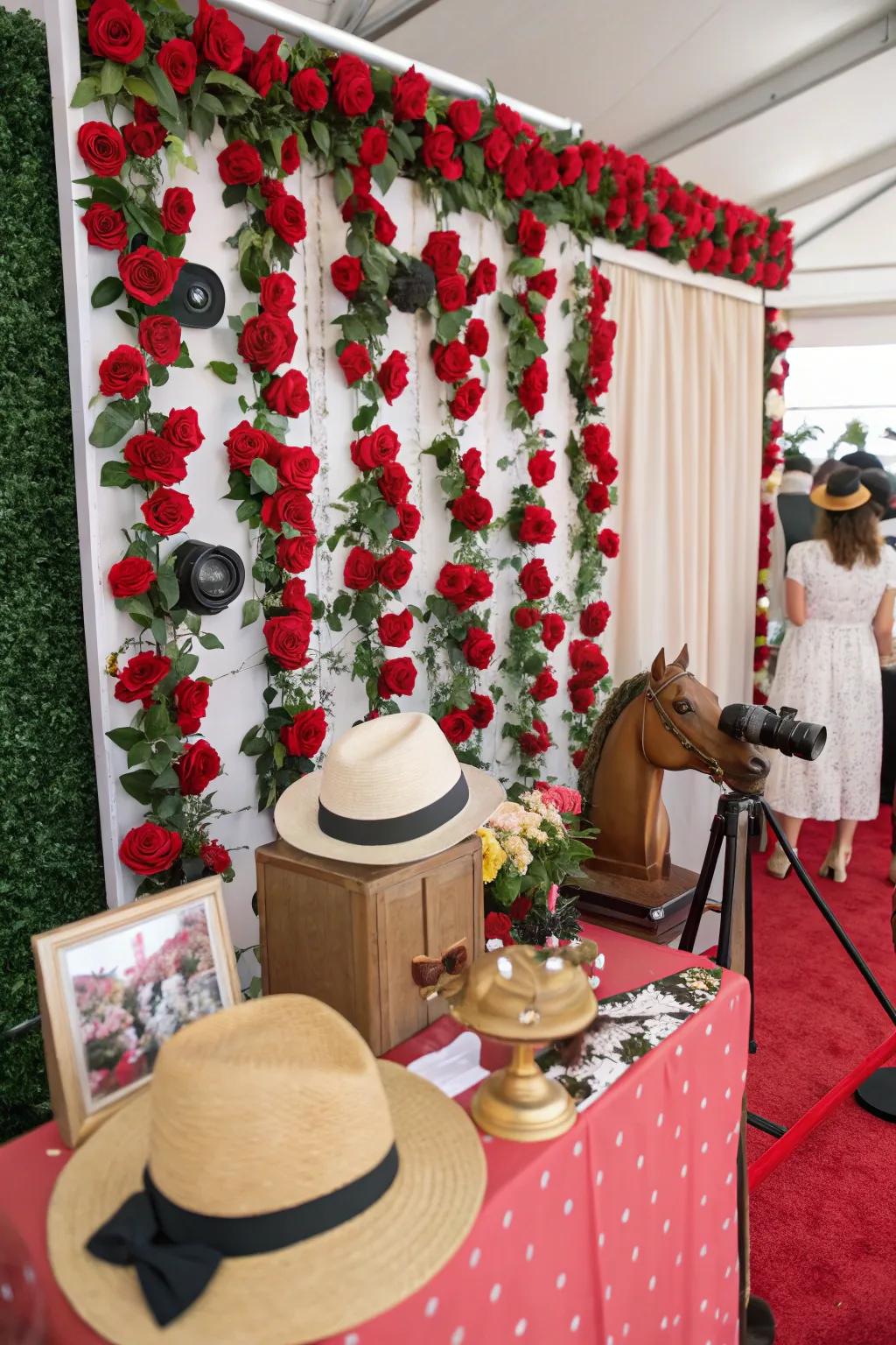A festive snapshot station with a blossom backdrop for Run for the Roses party enjoyment.