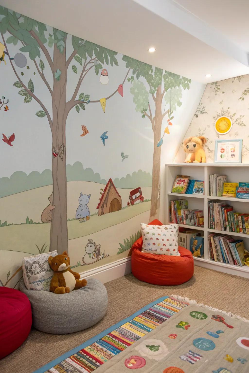 A comfy reading spot in a playroom, enhanced by story-themed decor.