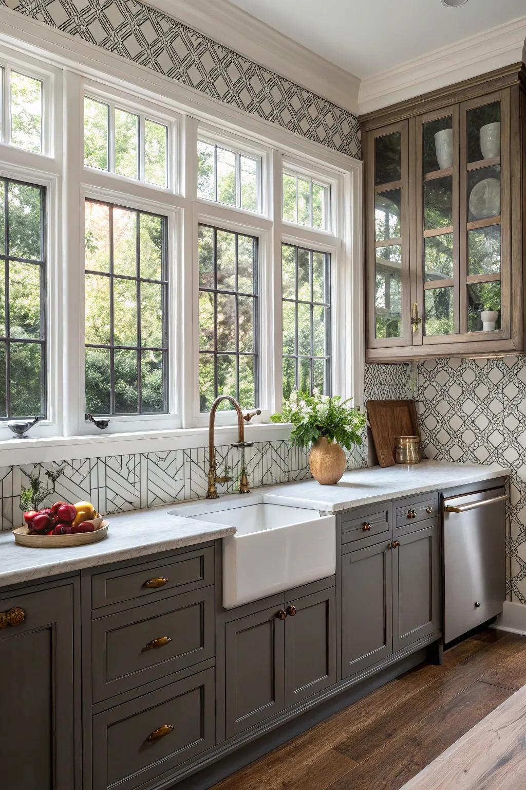 A seamless combination of traditional window casings within a contemporary backsplash setting.