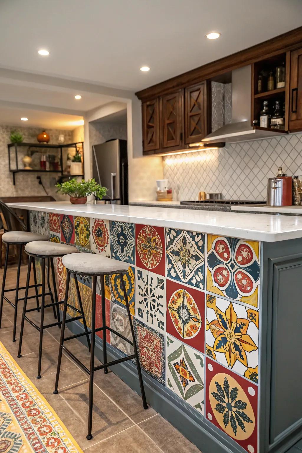 Employ tile patterns to add texture to your kitchen bar.