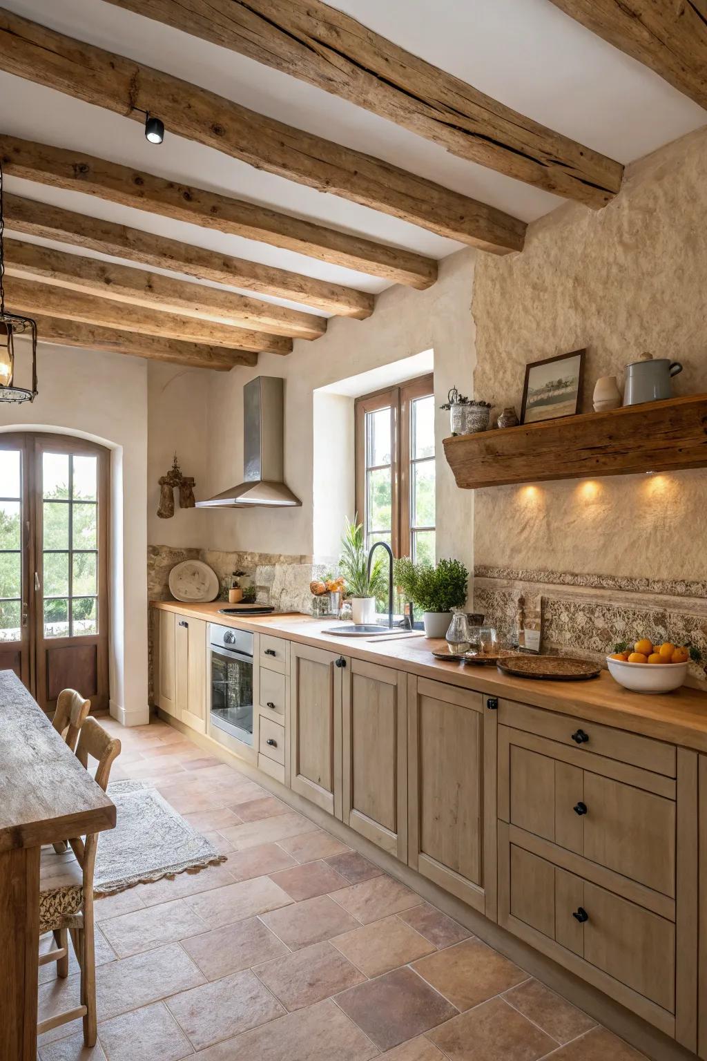 Neutral tones complement beams for a serene, organic look.