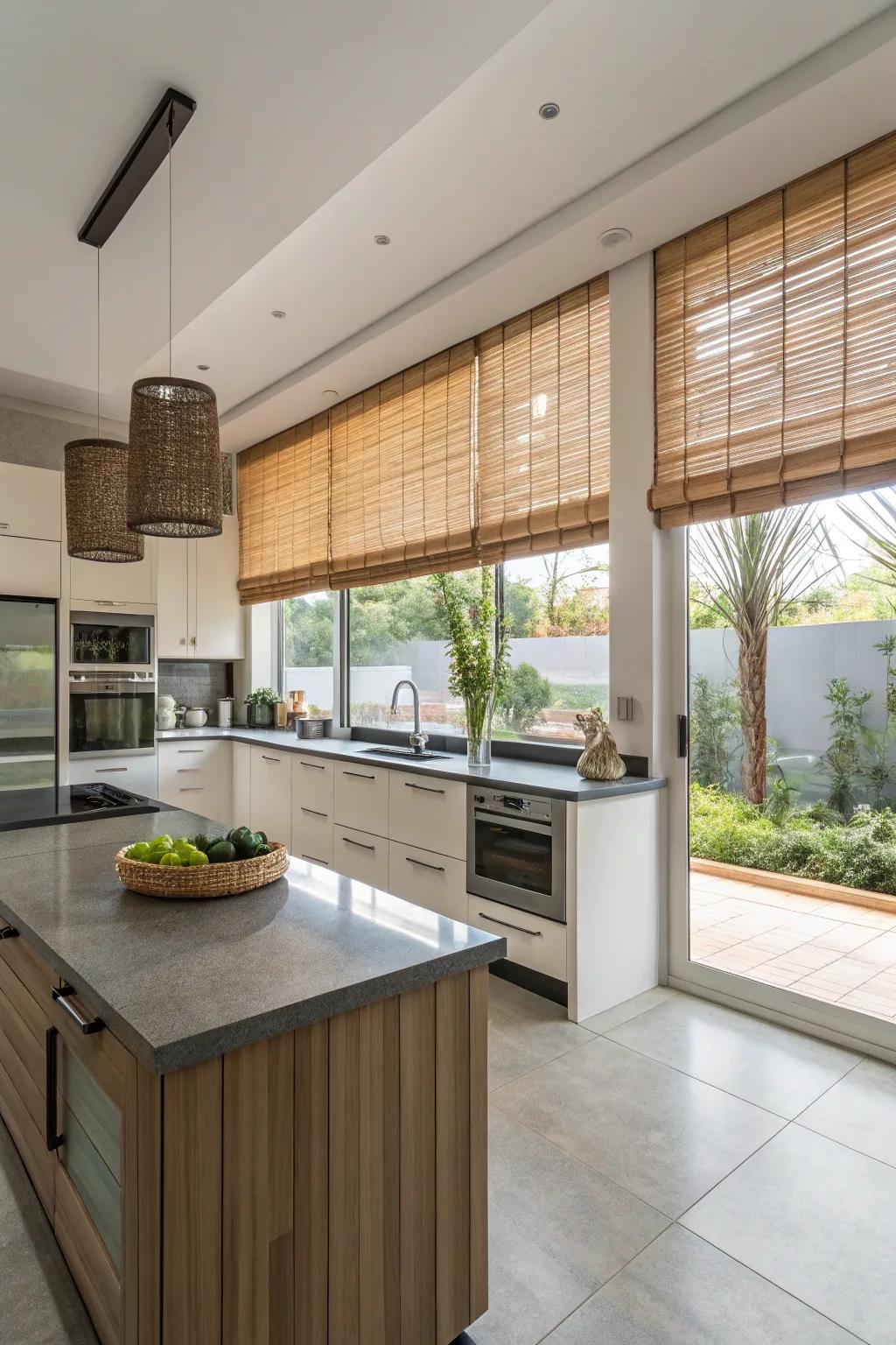 Eco-friendly bamboo window treatments in a modern kitchen