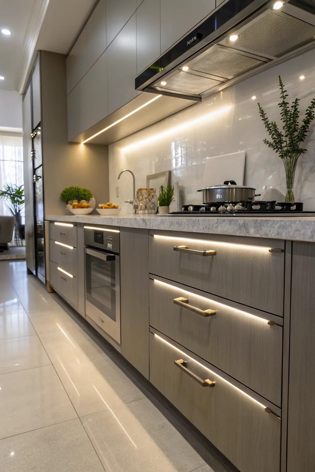 Built-in diode lighting in kitchen fittings for enhanced visibility.