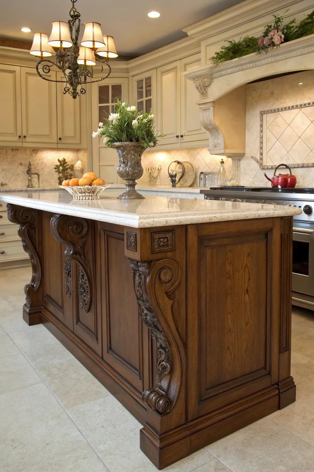 Island highlighting traditional brackets for a sophisticated architectural feature.