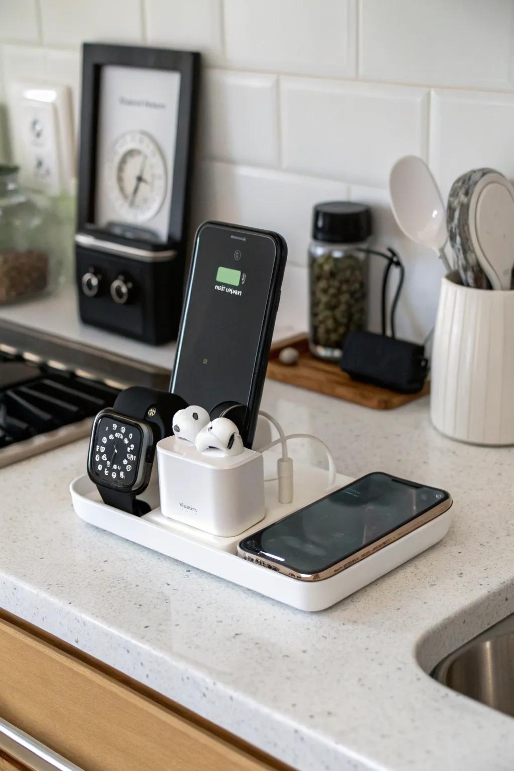 A tech-friendly countertop keeps devices accessible and organized.