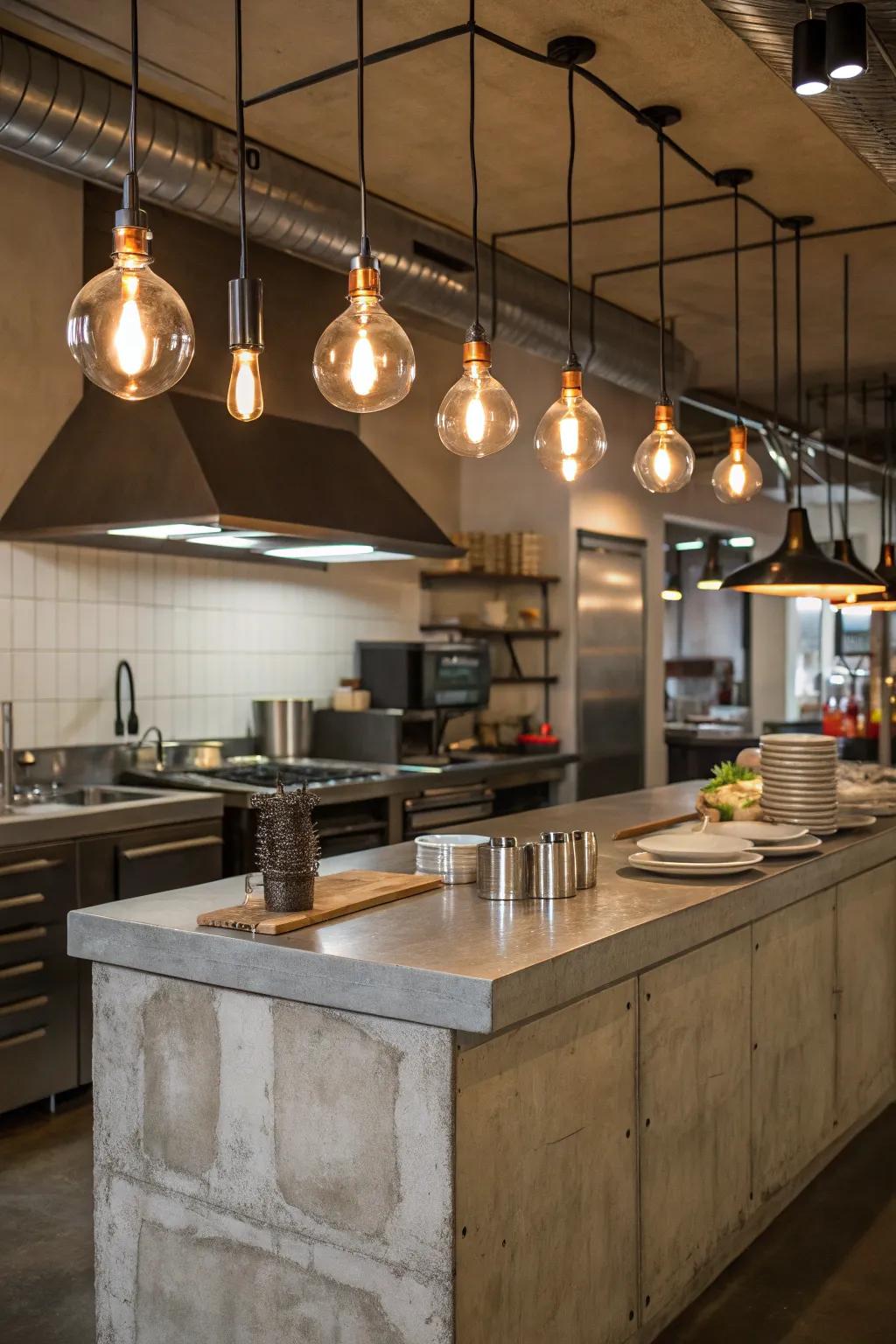 Industrial pendants add an urban vibe.