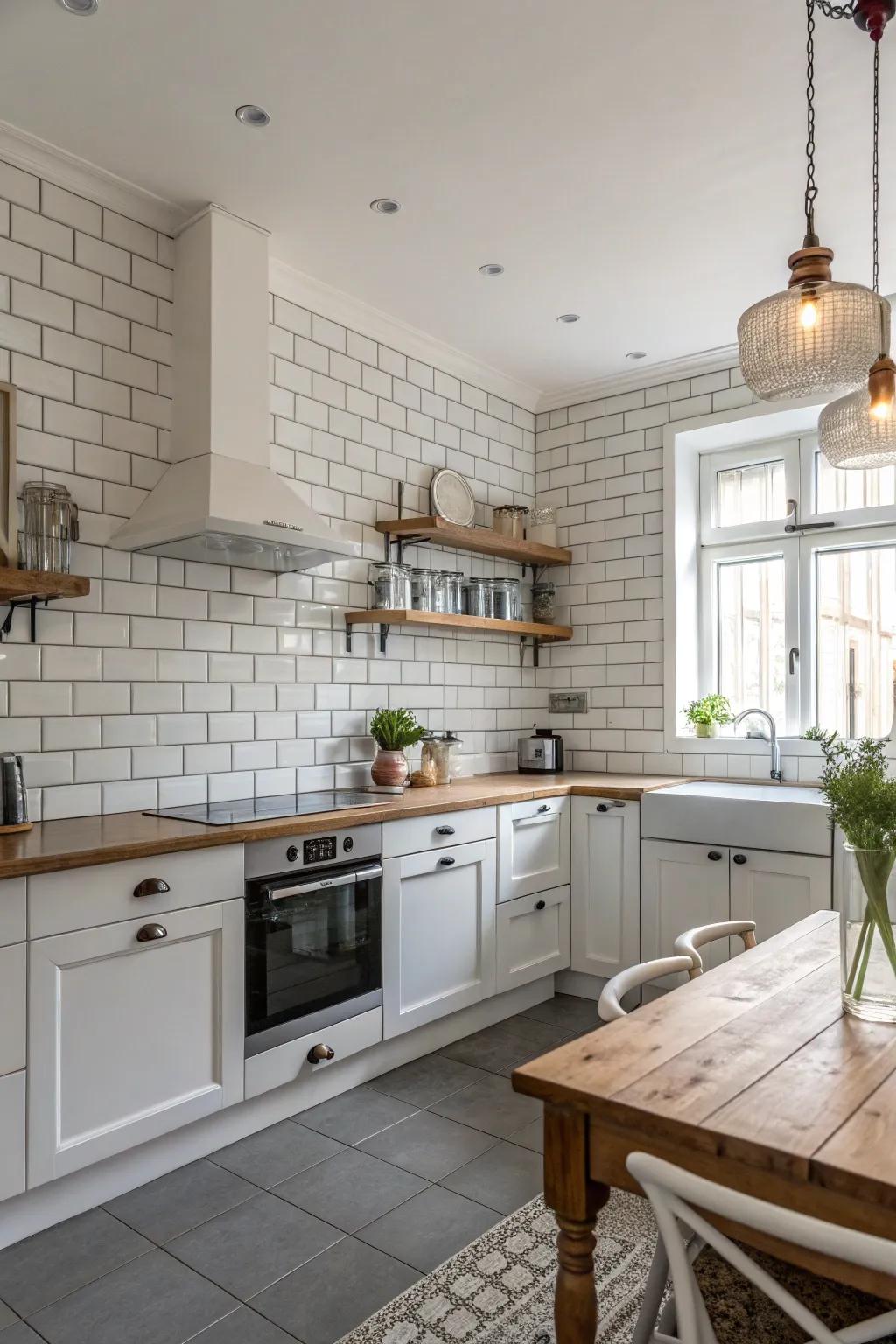 Classic white rectangular tiles produce a timeless style in this kitchen.