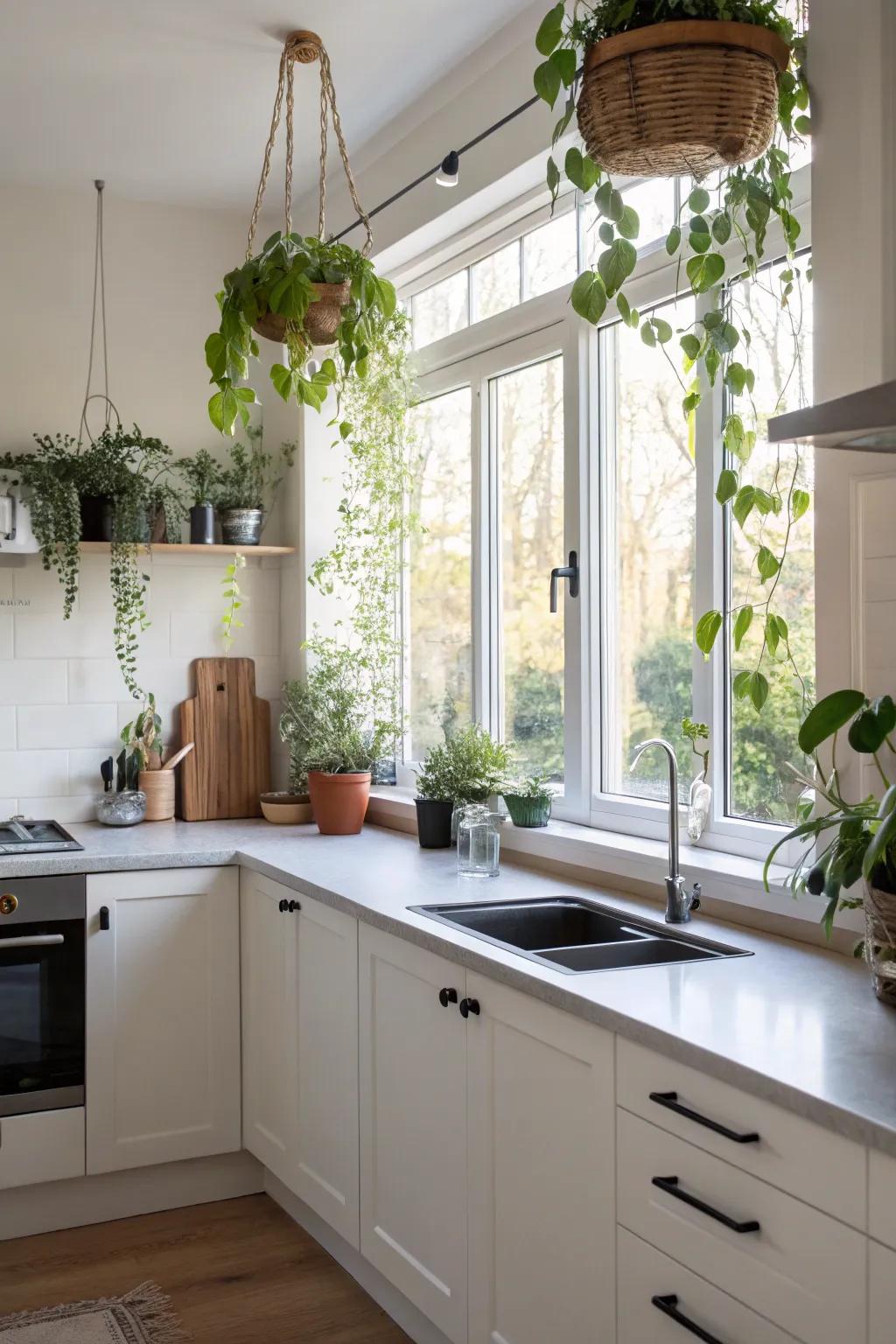 Suspended vegetation contributes dimension and lush verdure.