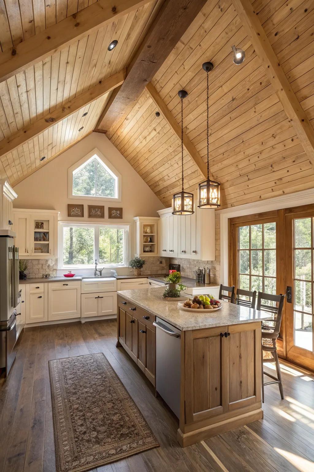 Textured wood ceilings add dimension to this inviting kitchen.