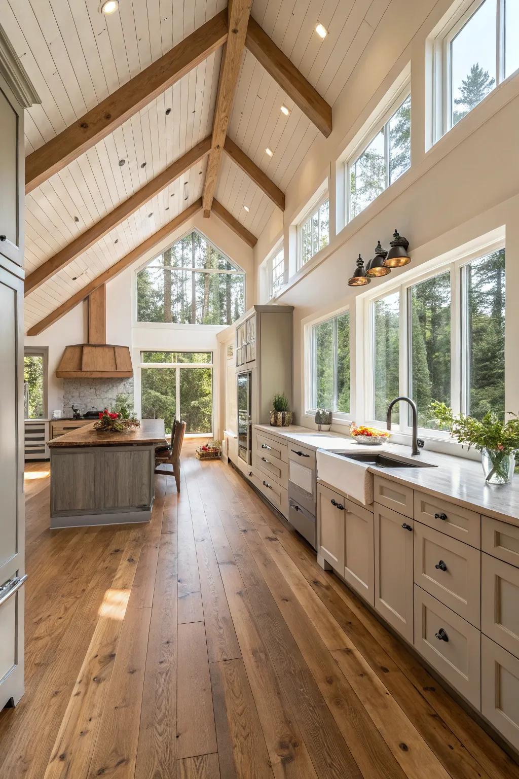 Wood touches bring warmth to this peak ceiling kitchen.