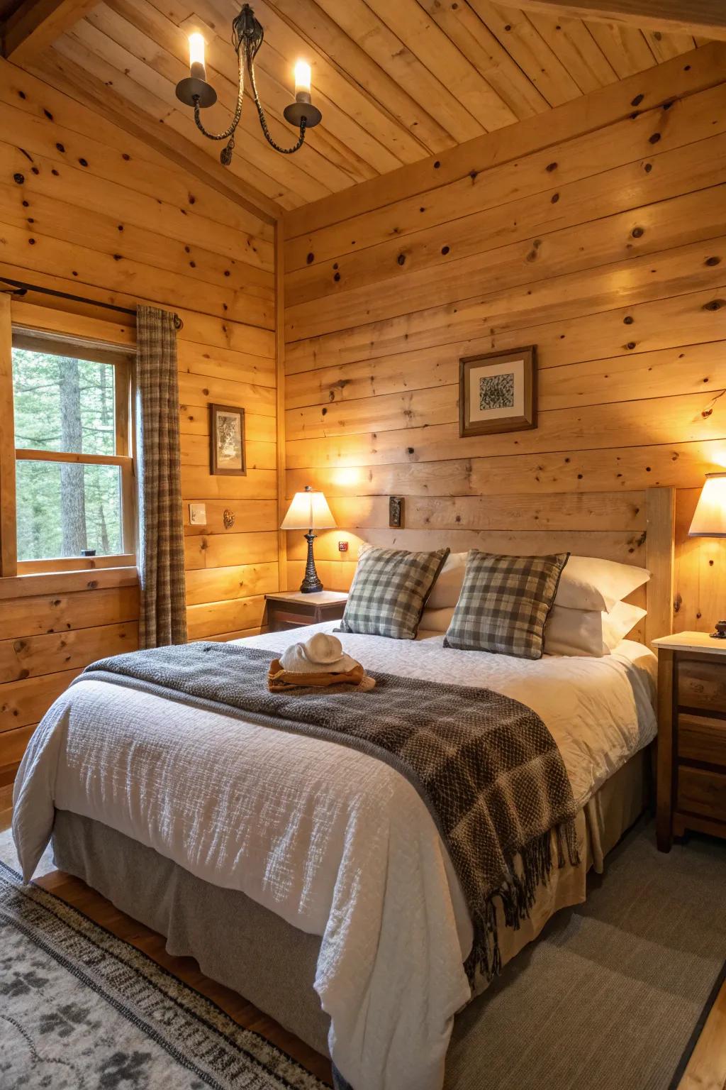 A snug cabin bedroom featuring deluxe bedding and pine paneling charm.