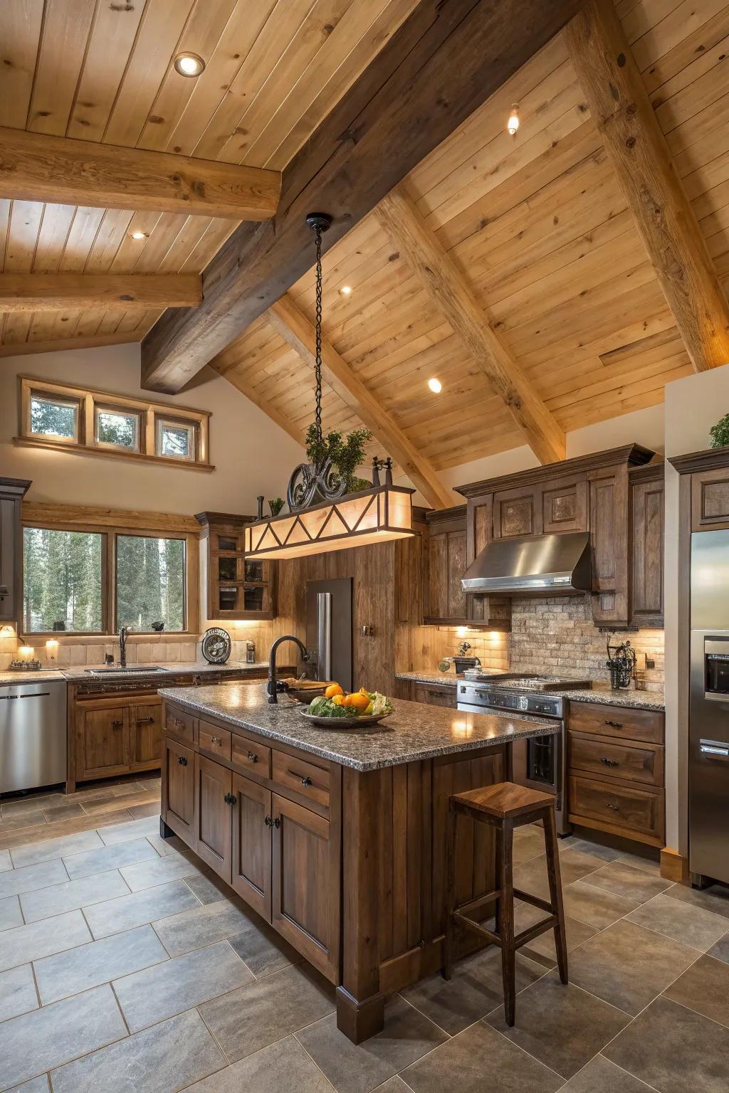 A rustic kitchen that beautifully integrates wood-clad and modern elements.