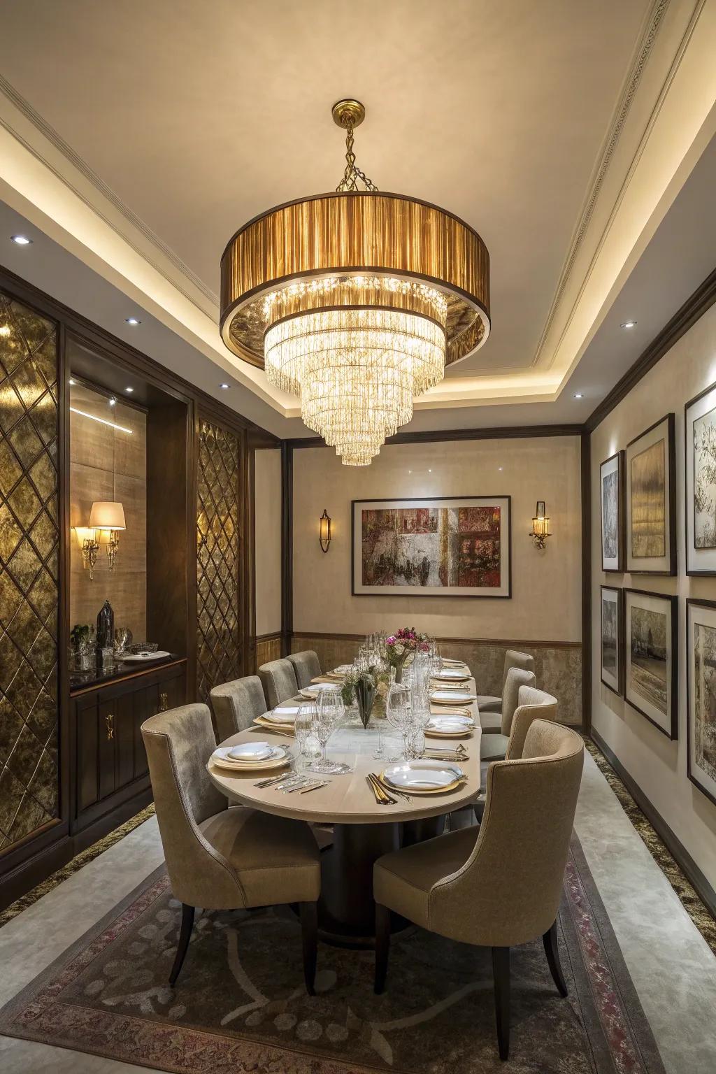 A striking light fixture introduces elegance to the dining space.