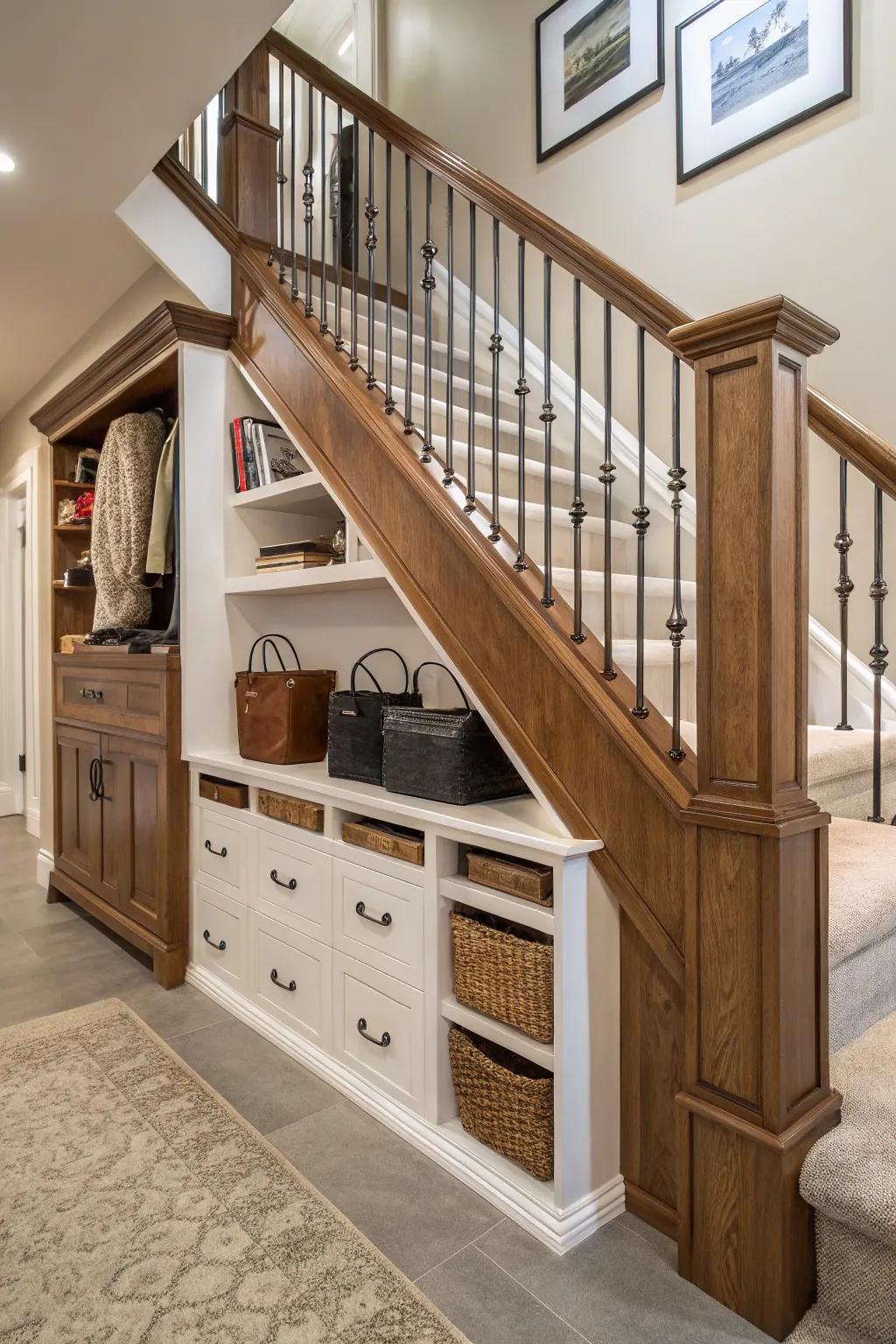 Railing with integrated storage, maximizing space.