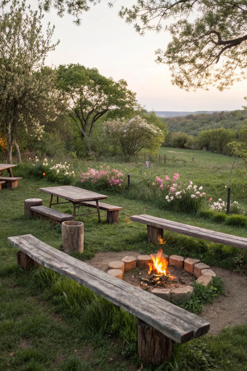 Timber benches provide a rustic seating option for outdoor get-togethers.