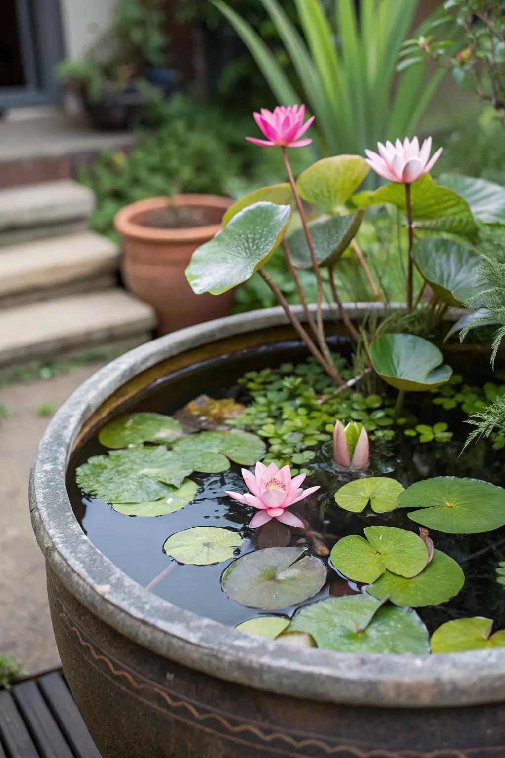 A tranquil water garden crafted from a basic pot.