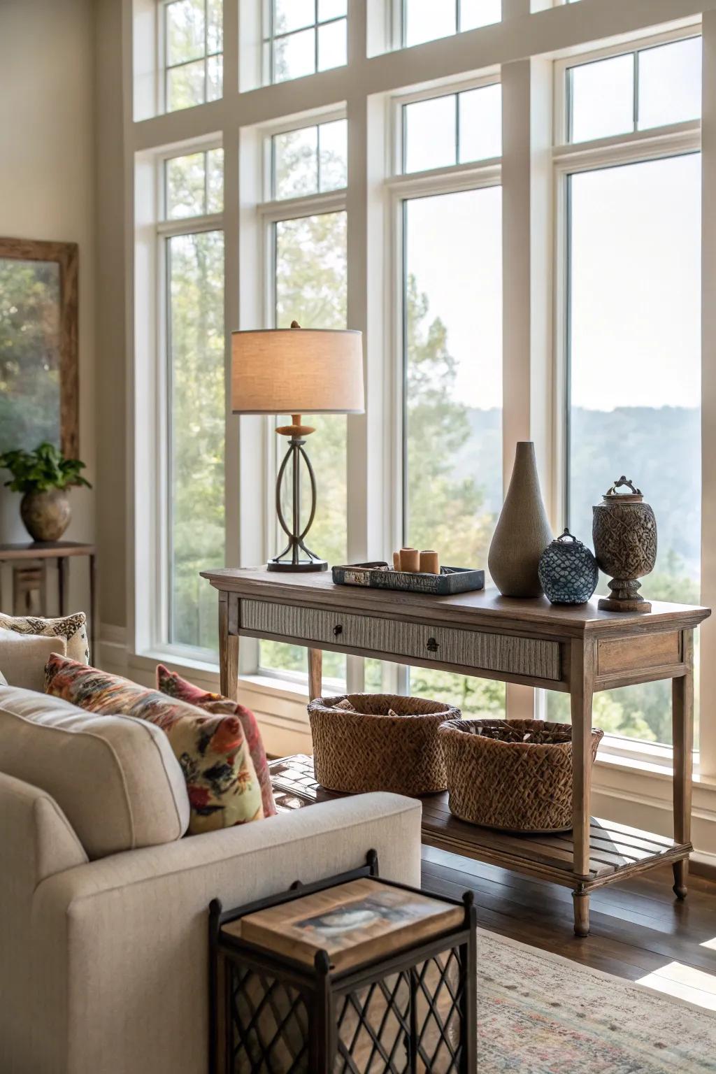 An elegant console lending practicality and flair to the window setting.