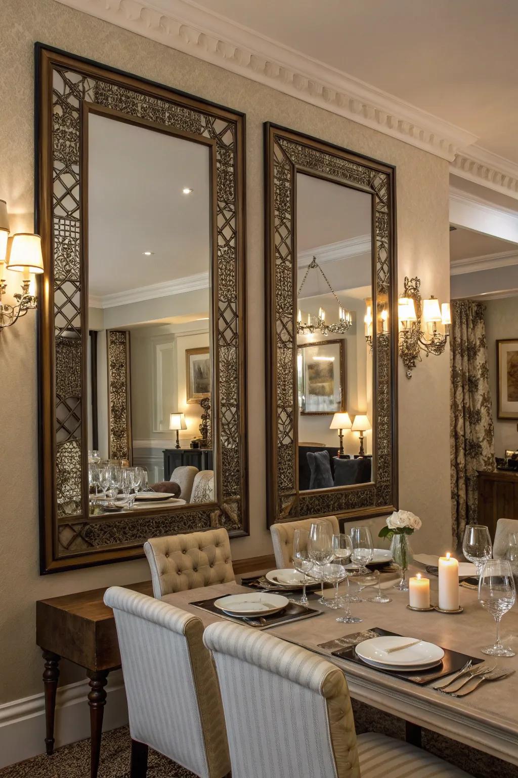 Symmetrical reflectors cultivate equilibrium and harmony within this dining area.