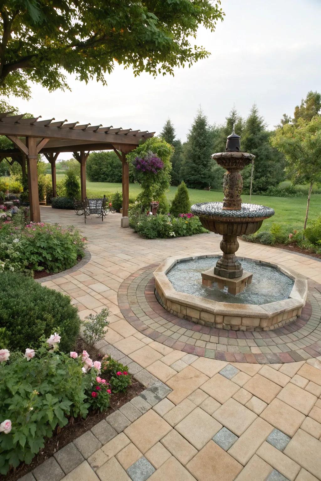 A water feature introduces a serene focal point to this patio.