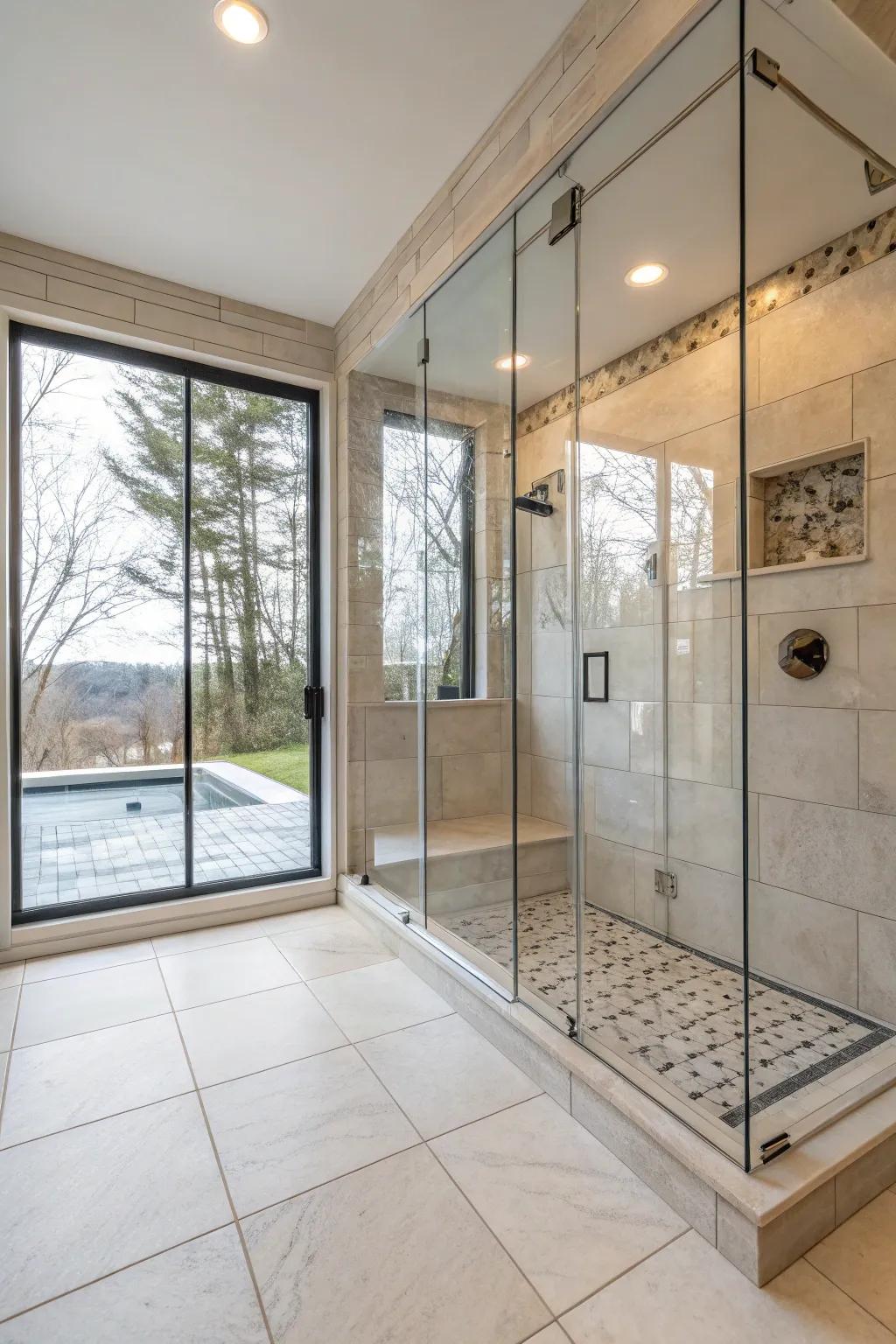 Crystal walls boost the light feel of big tile showers.