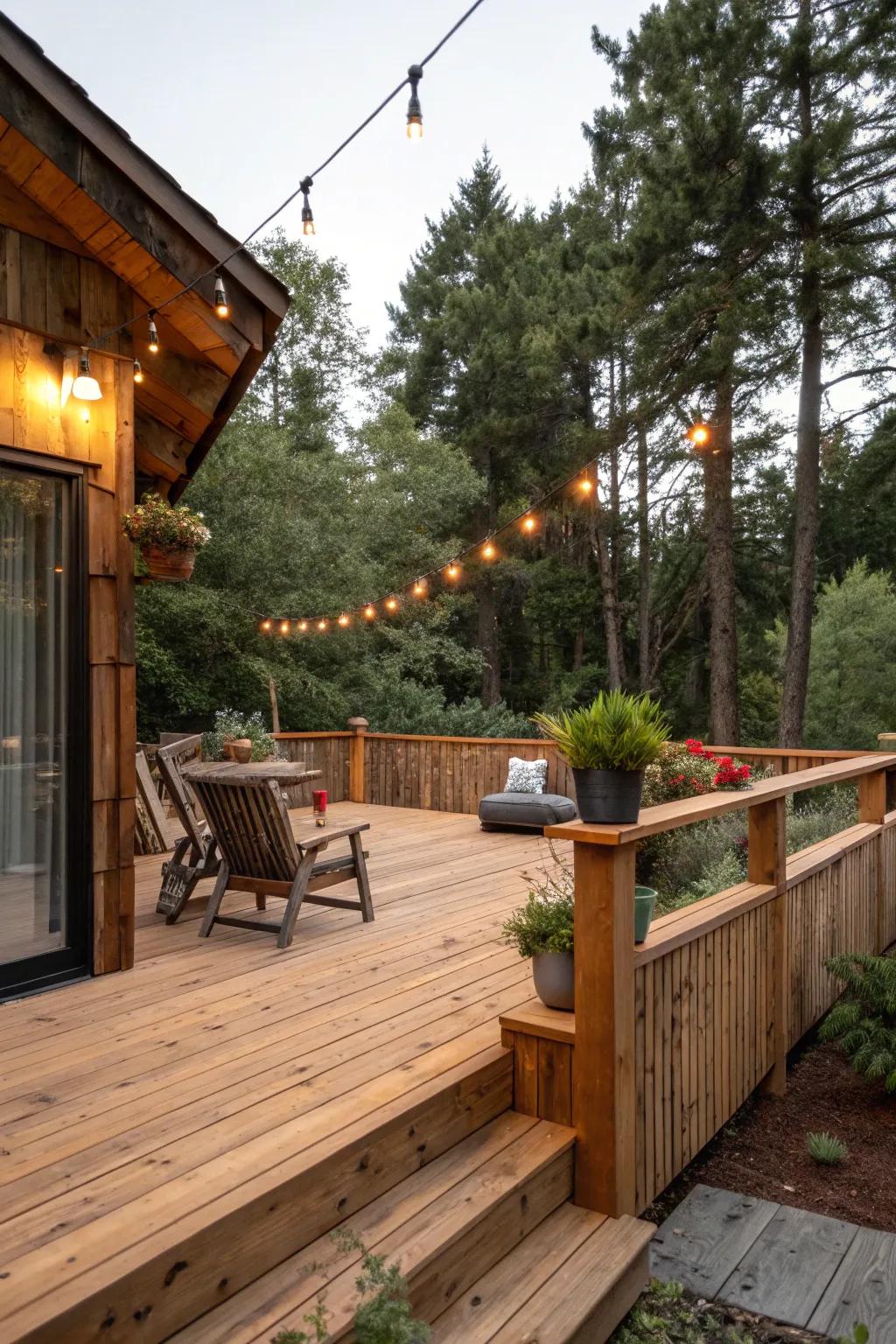 Fir skirting enhances the natural warmth of this countryside deck.