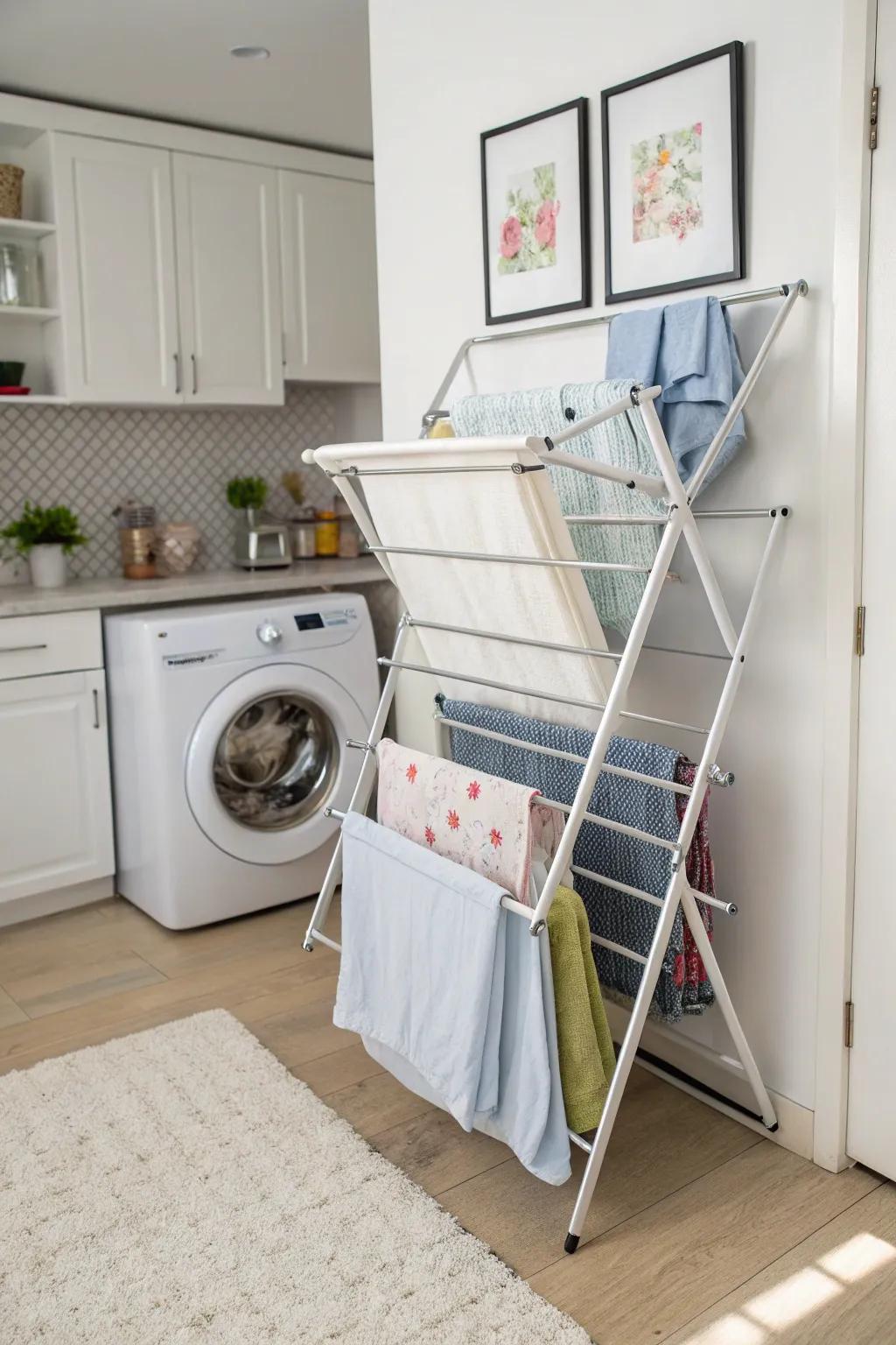 A concertina-style rack, suitable for compact laundry areas.