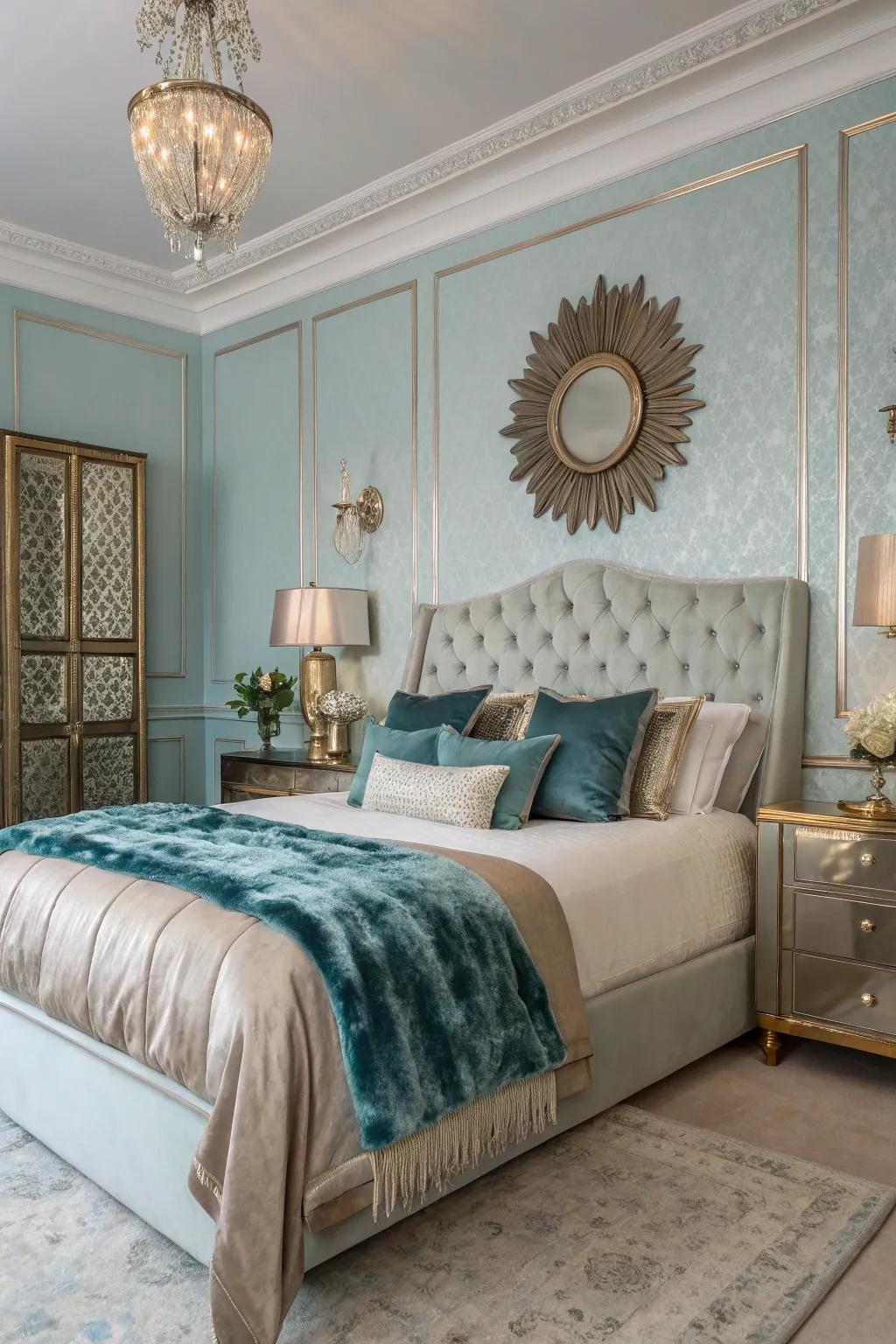 A luxury bedroom featuring shiny accents against a light blue setting.