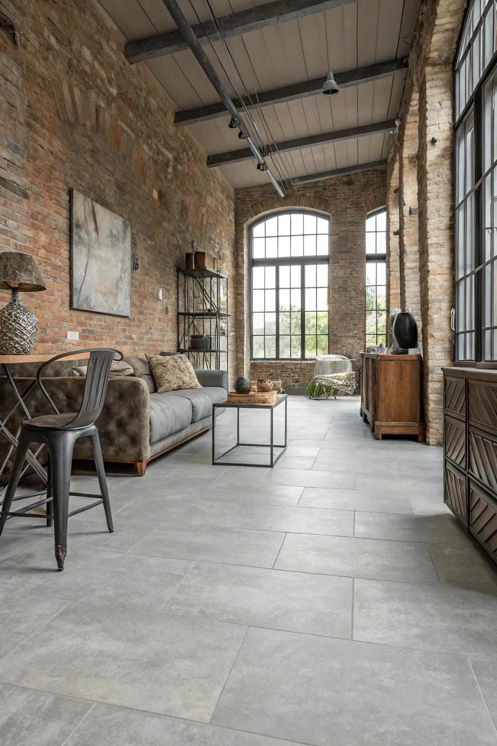 Light gray stone look LVT flooring adds industrial elegance to this space.