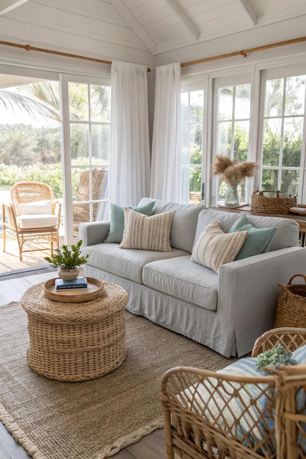Seaside features introduce a relaxing, beach-like atmosphere to an area furnished with a light grey couch.