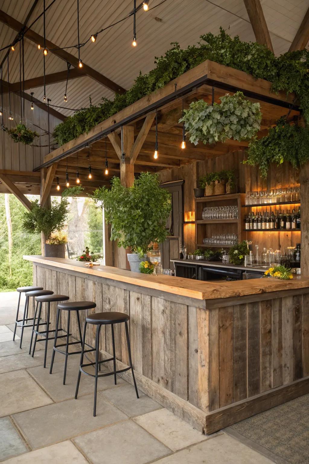 A natural-edge bar shown in different themed settings, demonstrating its adaptable design.