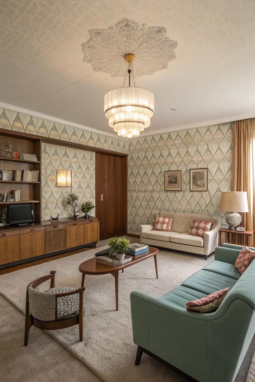 A mid-century modern living room features a retro-style chandelier.