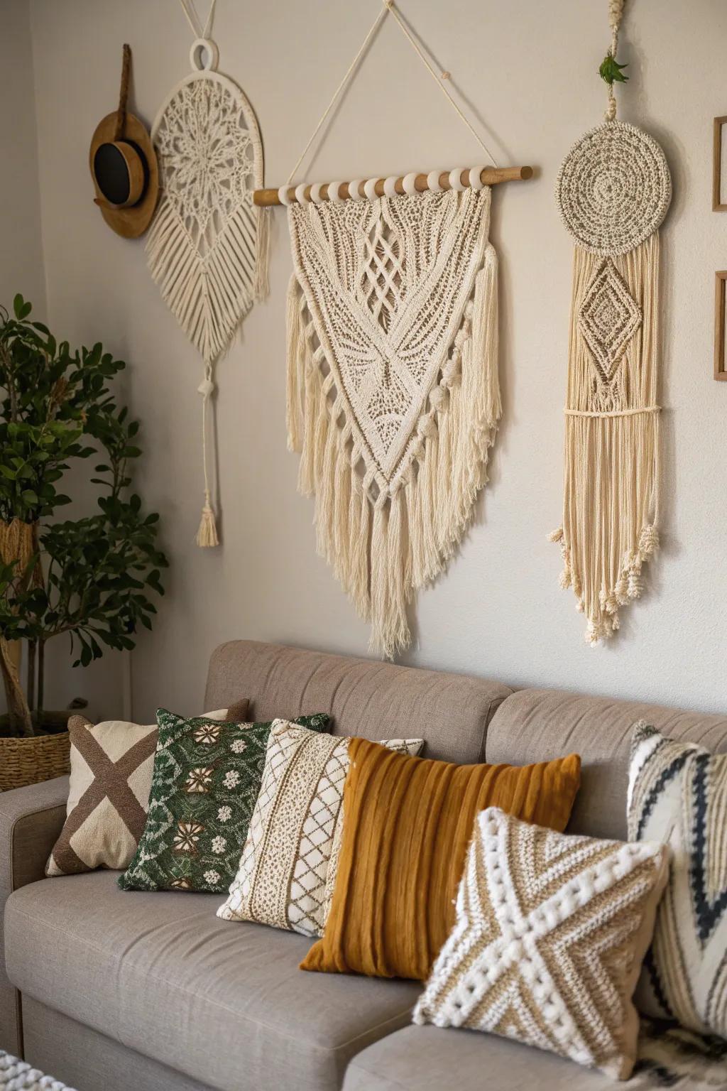 Textured wall art heightens the bohemian farmhouse vibe.