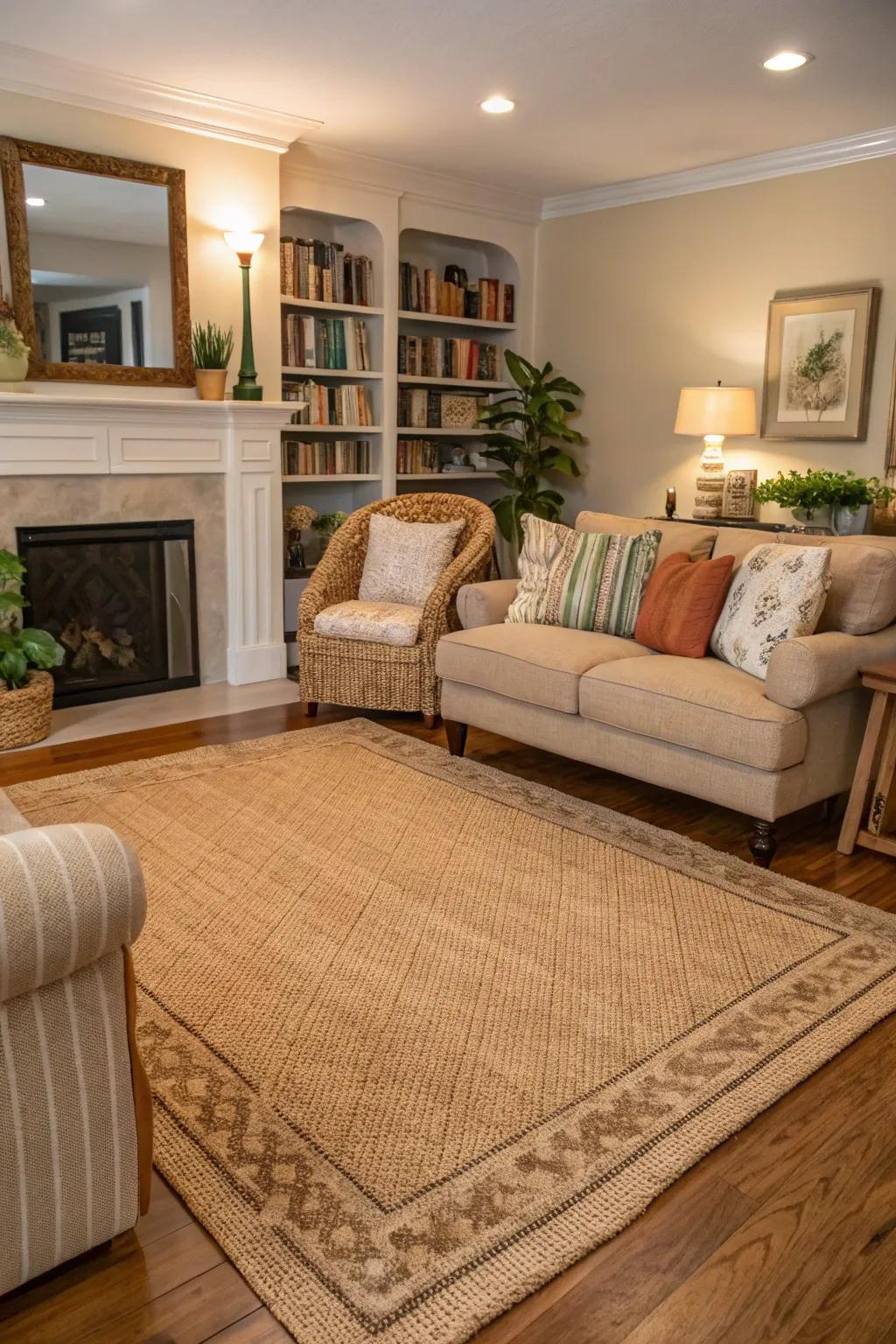 An area rug defining a cozy seating space.