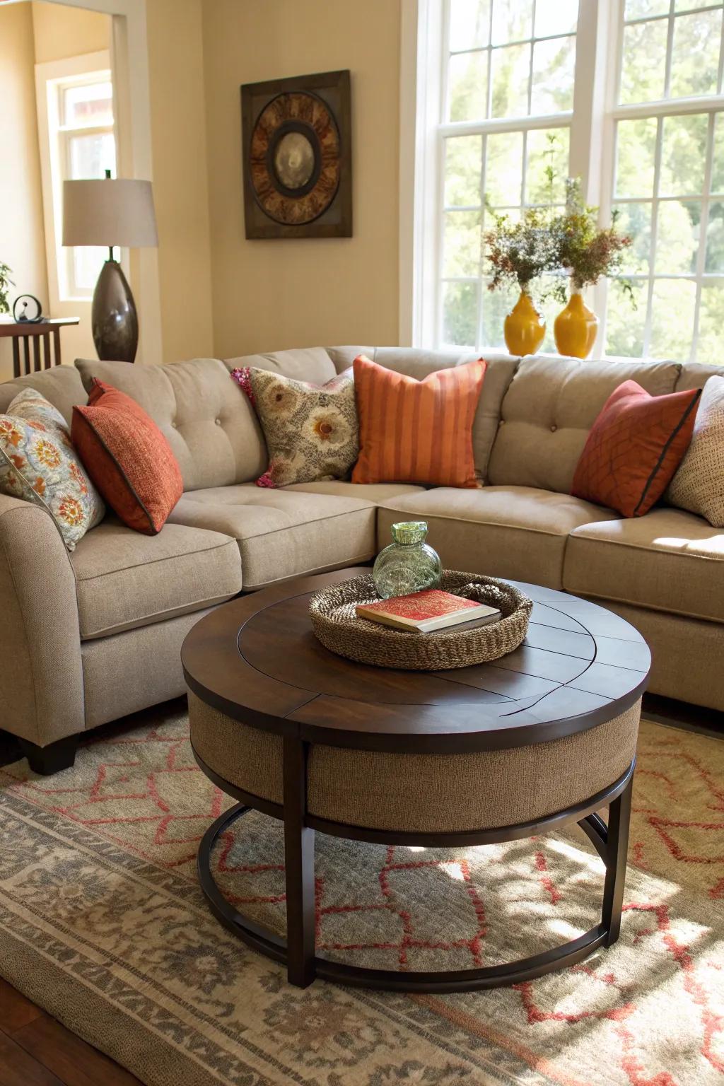 A circular coffee table complements the sectional's curves.