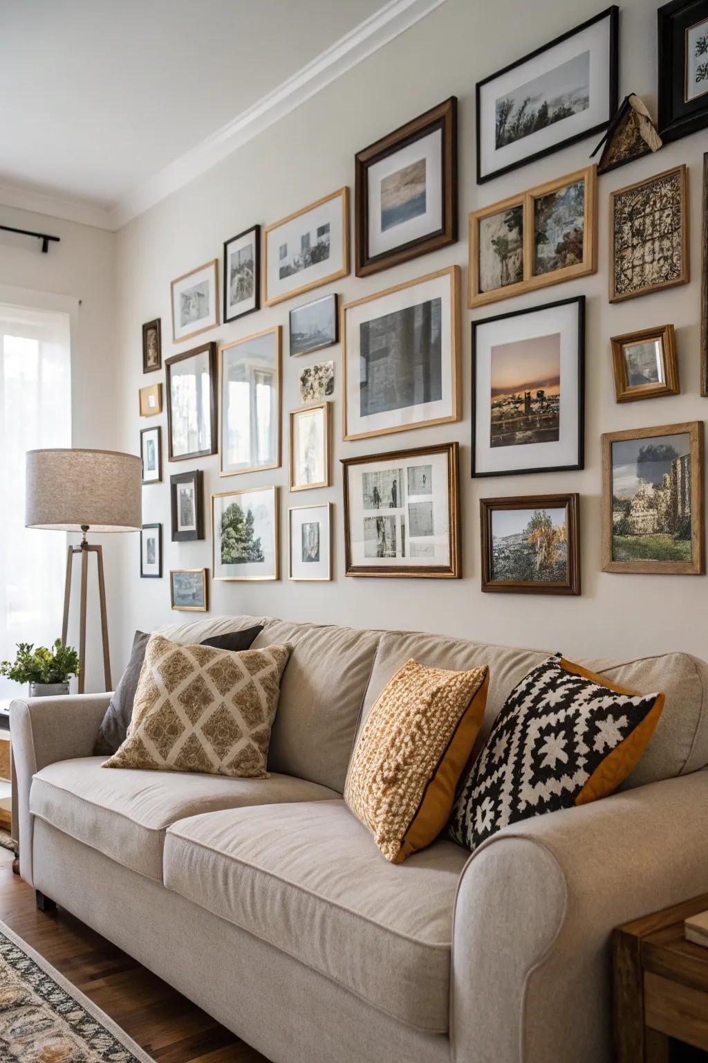 Enhance the richness of your photo wall by using frames with varying depths.
