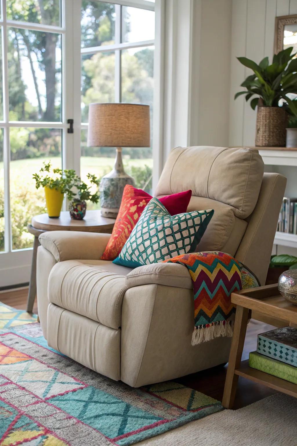 A vibrant recliner arrangement showcasing ornamental toss cushions.