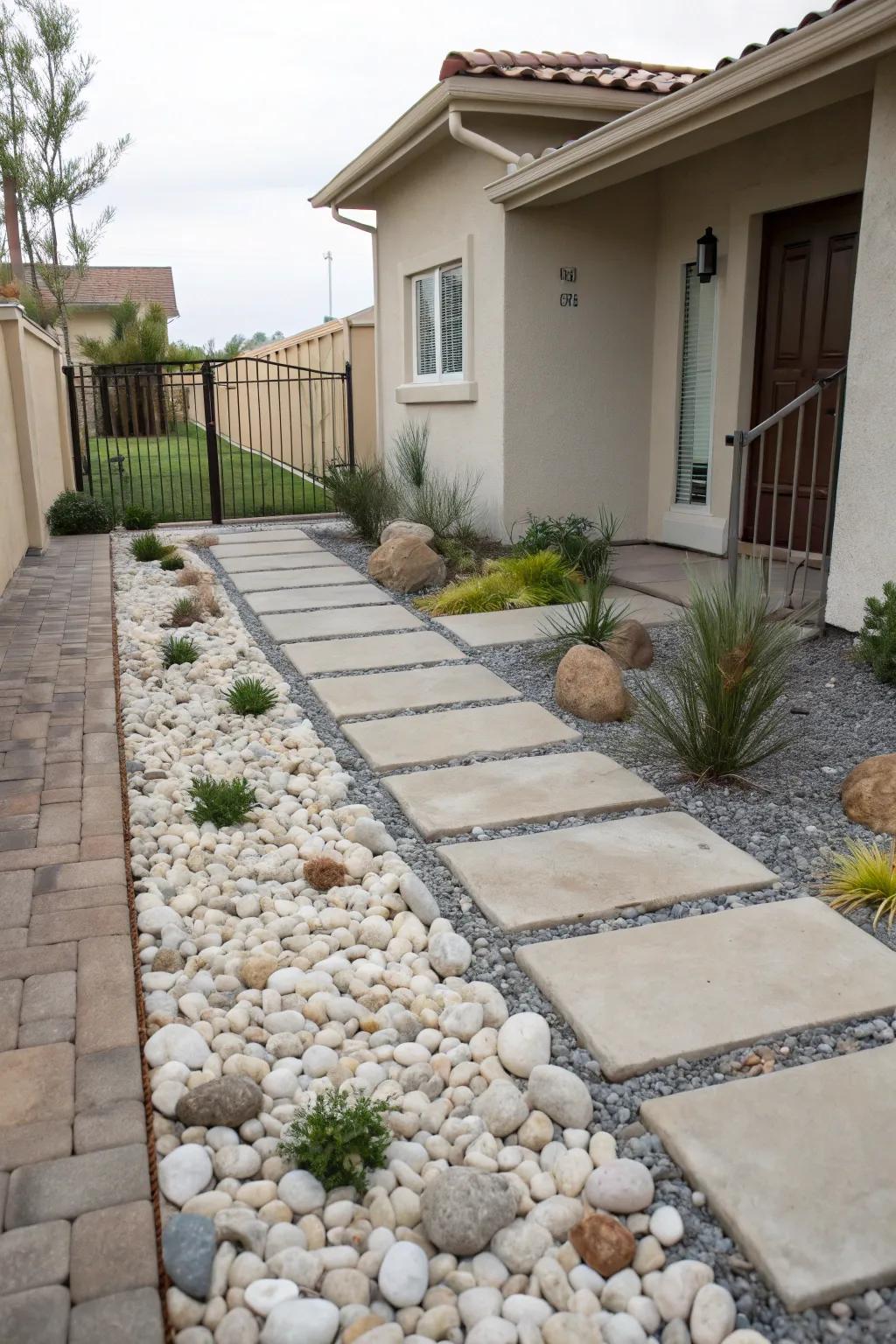 Ornamental stones spread across large areas for minimal maintenance.