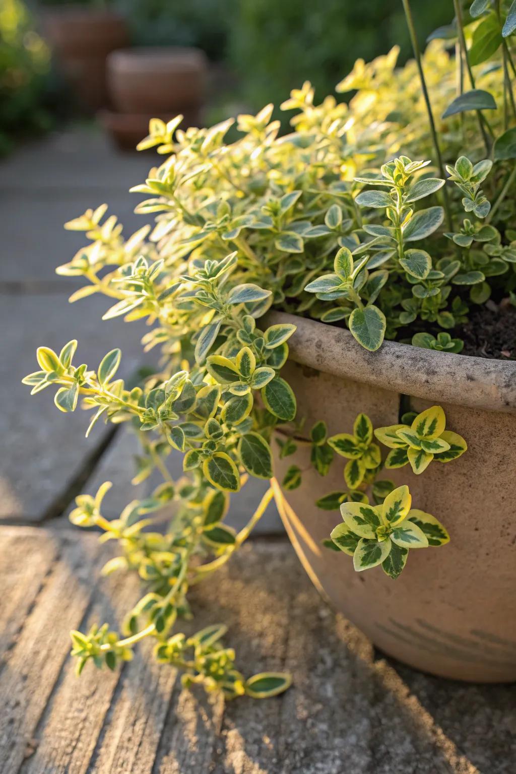 Citrus Herb spilling over a pot in sunny conditions.