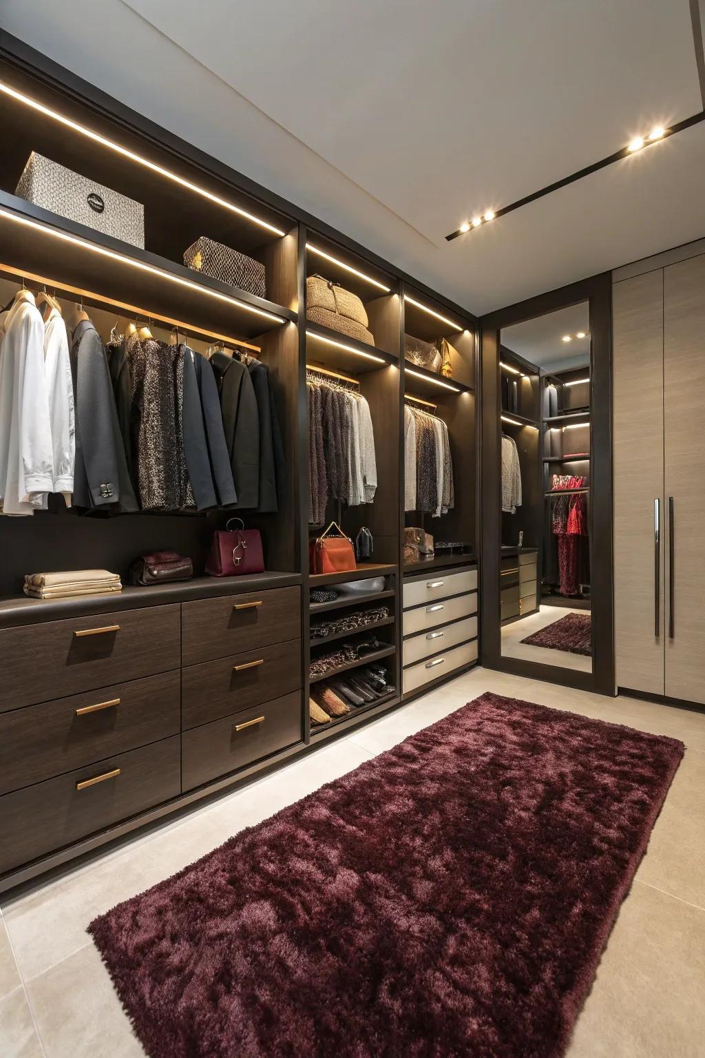 A plush floor covering infusing warmth into the deluxe closet.