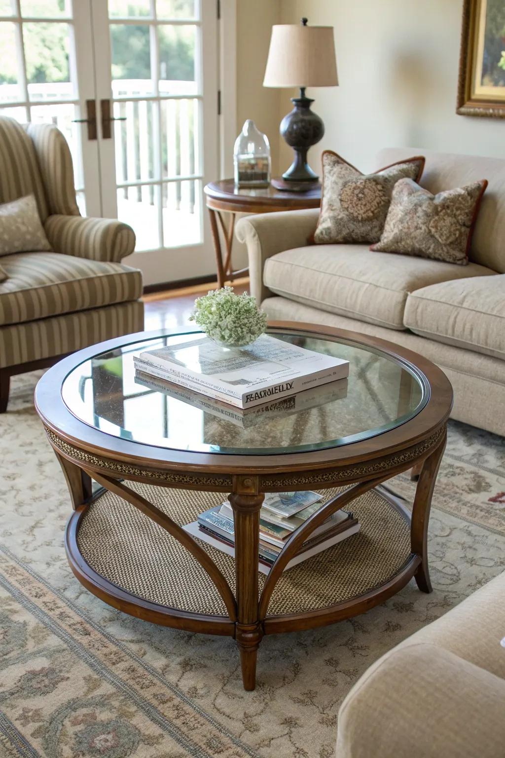 A glass-topped center table incorporates a touch of grace to this chic lounge.
