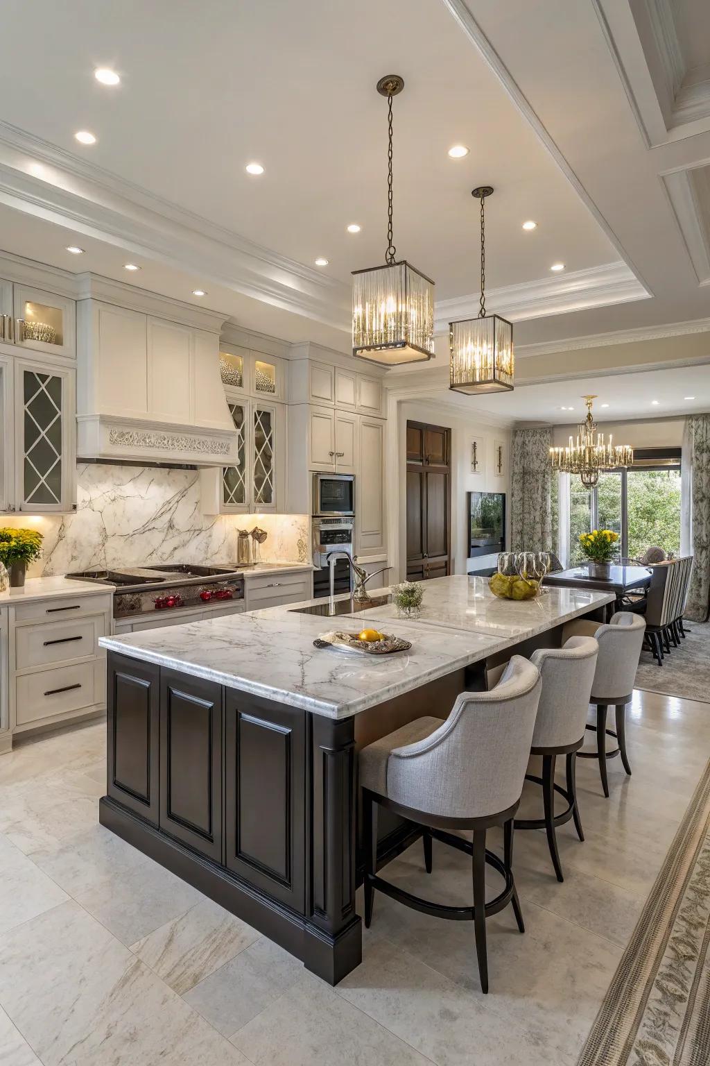 Dual kitchen islands create distinct functional zones.