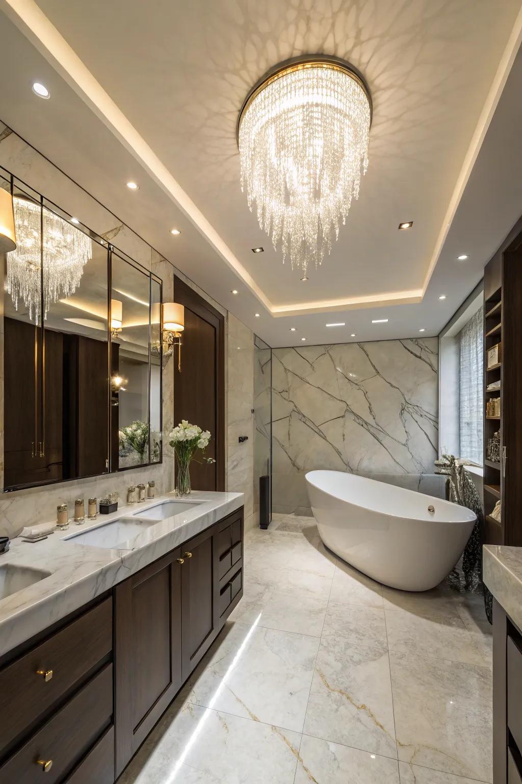 A luxury bathroom enhanced by a contemporary chandelier and recessed lighting.
