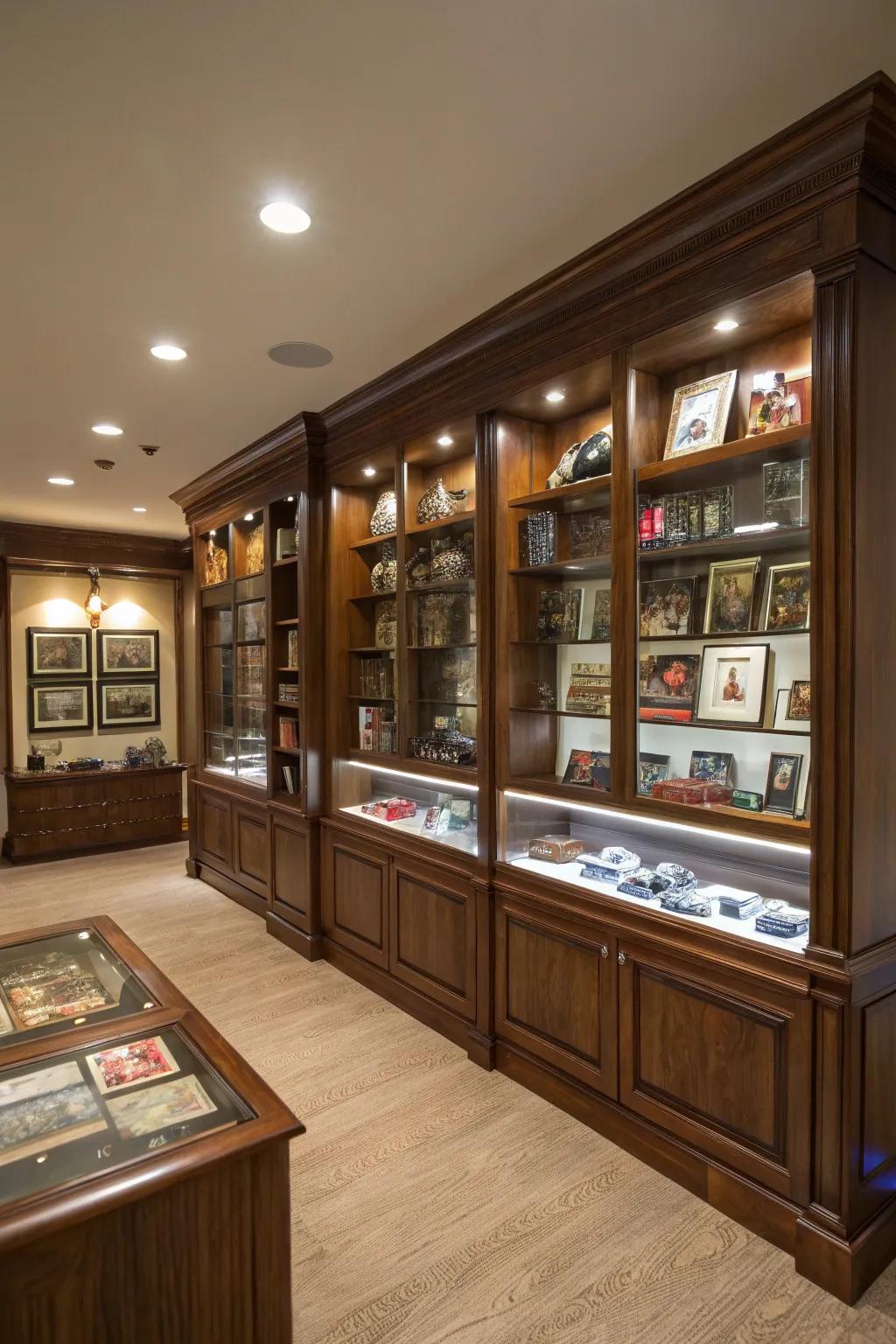 Shelving and display units enriching the sophistication within the man cave.