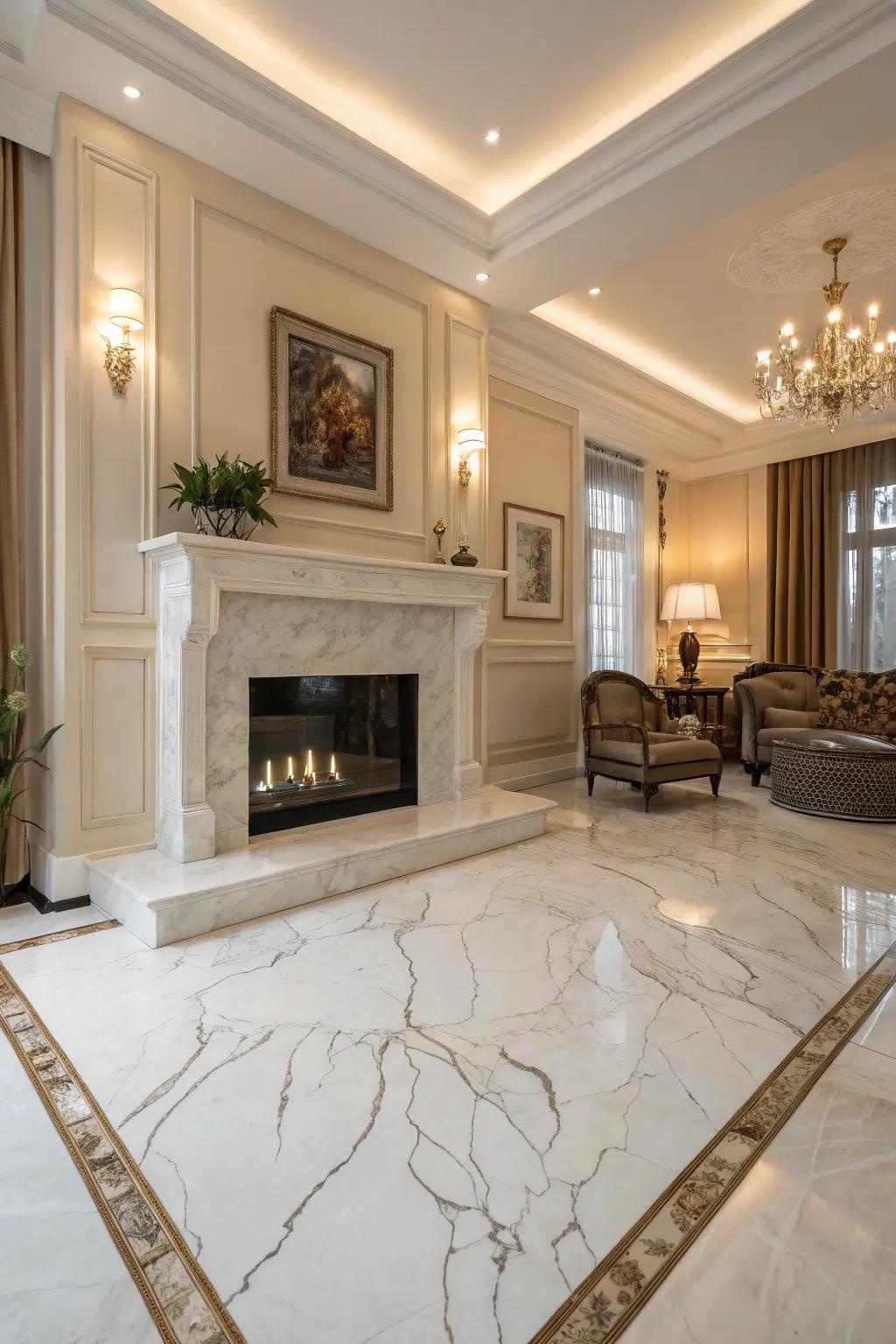 Matching stone accentuates the fireplace as a focal point.