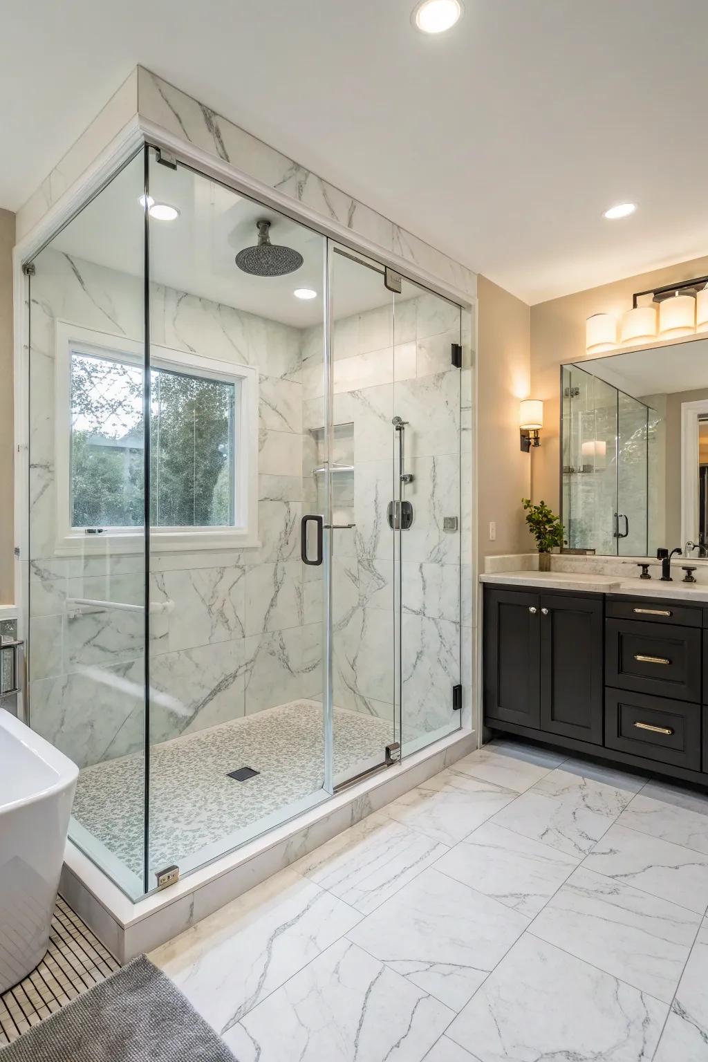 An open and inviting walk-in shower featuring artificial marble stone surfaces and frameless glass.