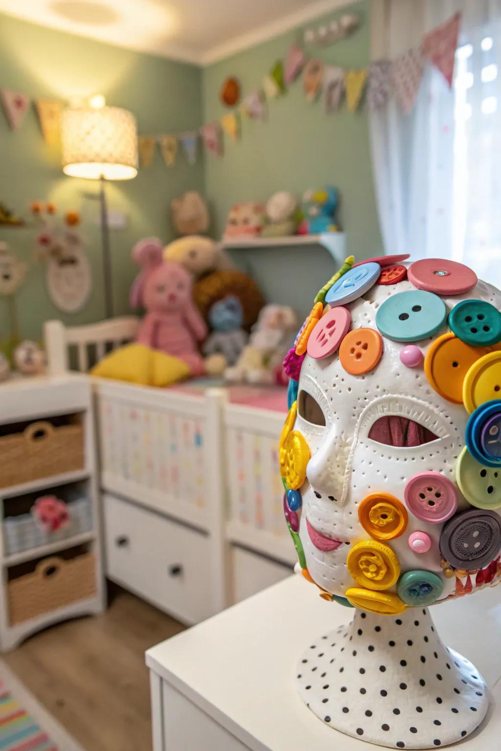 A whimsical mask sculpture that adds cheer to any room.