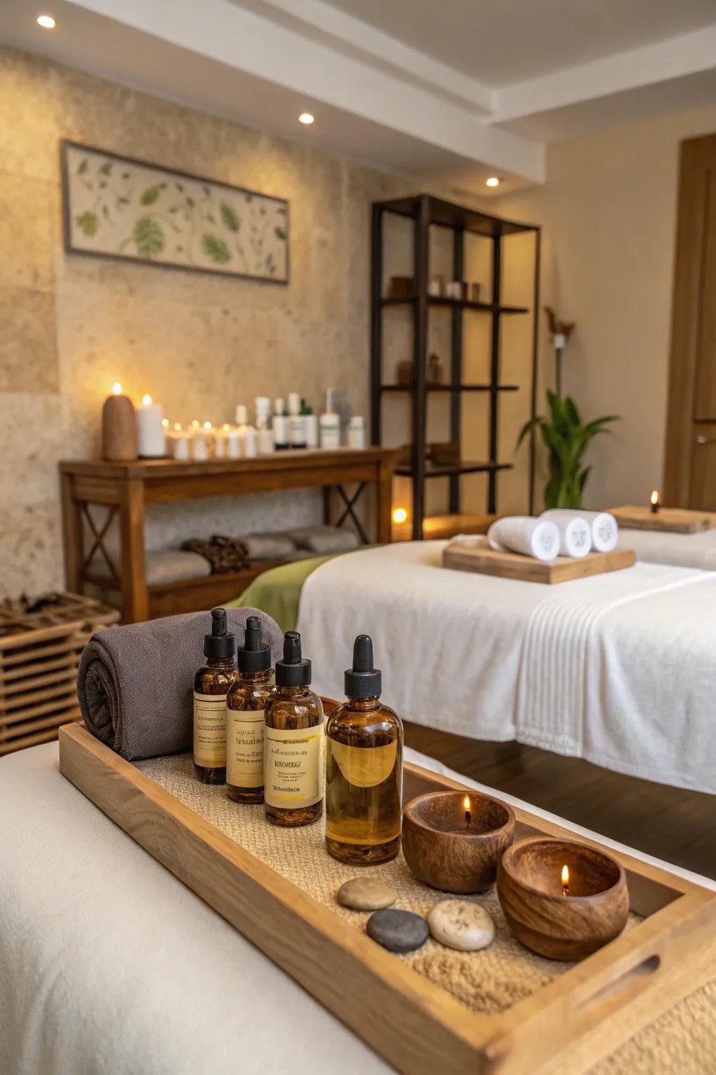 A massage space bursting with spa-like luxury with essential oils and tools.