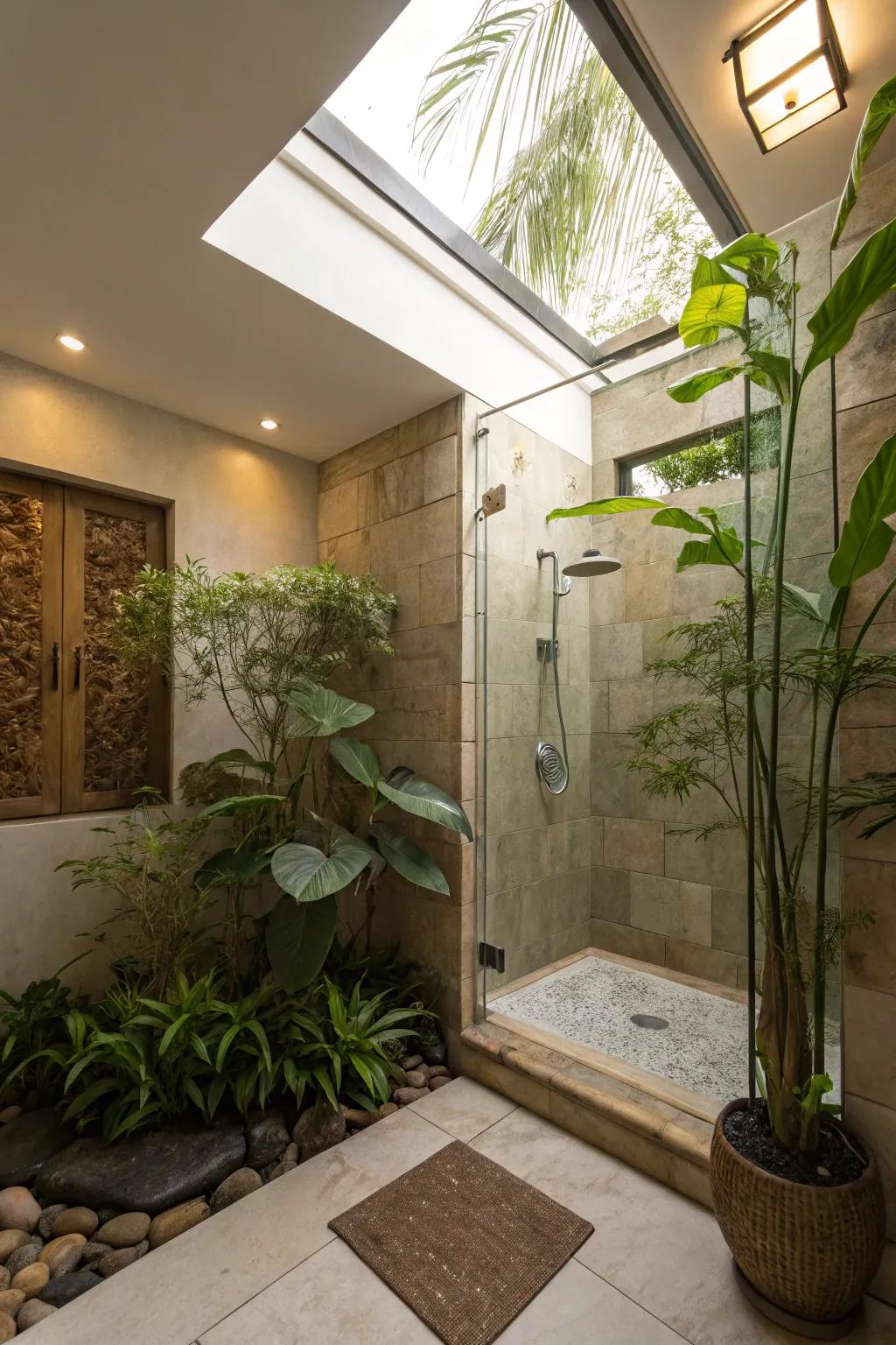 A peaceful walk-in shower showcasing natural elements.