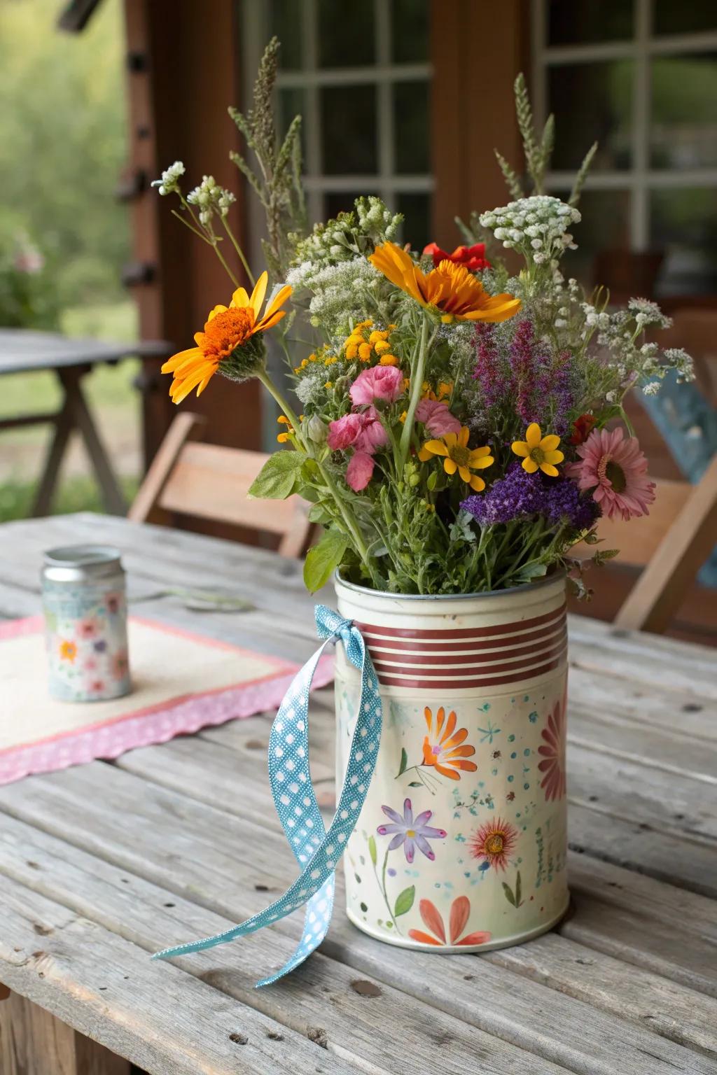 A captivating antiquated-inspired May basket fashioned from a metallic container.