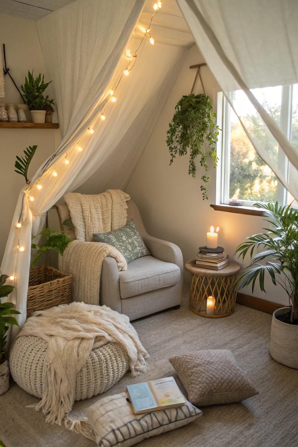 An adaptable meditation room featuring a cozy reading corner.
